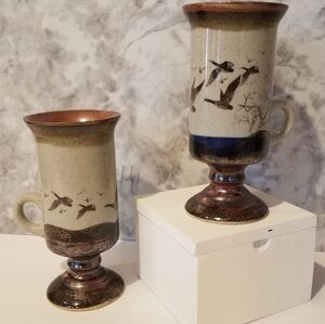 Otagiri Japan 2 Stoneware Tall Footed Irish Handcrafted Glazed Coffee Mugs Geese